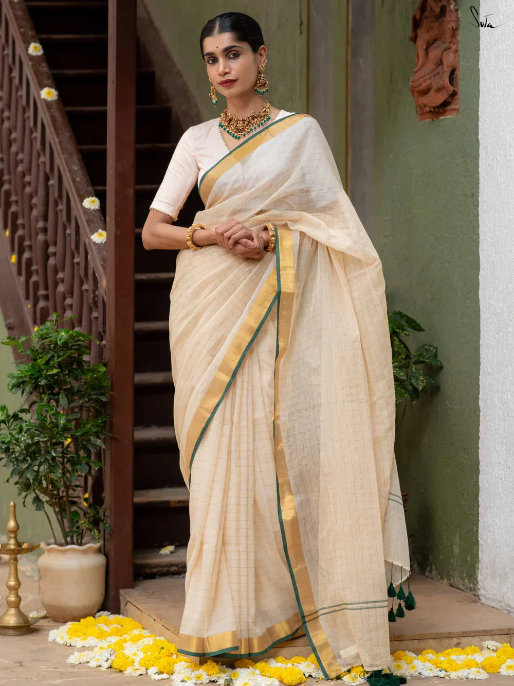 White Saree with Golden Zariwork Art Silk
